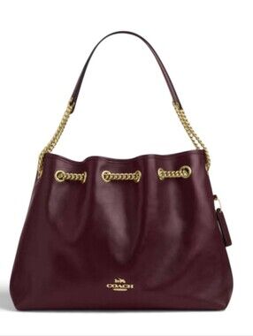 Coach Evelyn Leather Shoulder Bag in Burgundy with Gold Chain Trim